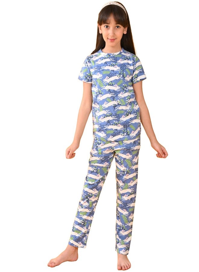 ANTHRILO Summer Pyjama Set for Girls | Pure Cotton| Casual Wear |Blue Rabbit Short Sleeve Pyjama Set - Blue 0-6 Months - Image 1
