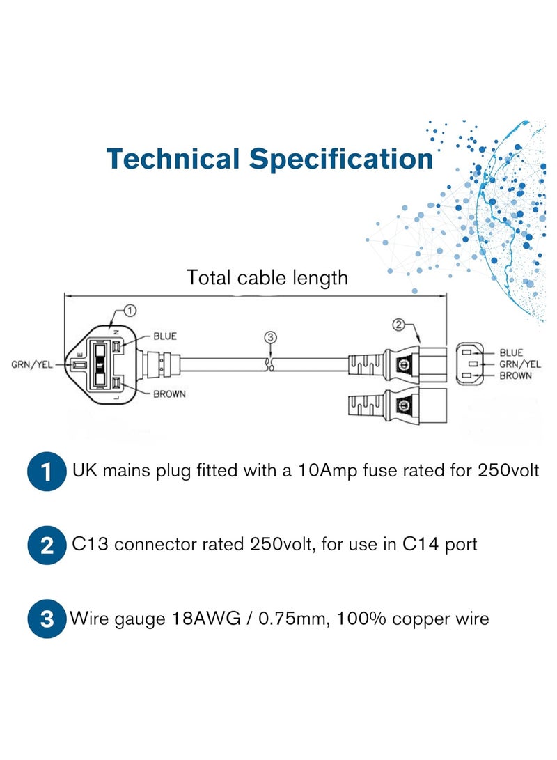 GUDOO 1.5 Metre UK Power Cable IEC320C13 to BS 1363 6 Foot Kettle Lead Power Cord Black - Image 3