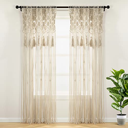 Lush Decor Boho Macrame Tassel Cotton Window Curtain Panel Single 40" W x 84" L Neutral - Macrame Curtains for Windows - Room Divider - Boho Wall Decor - Image 1