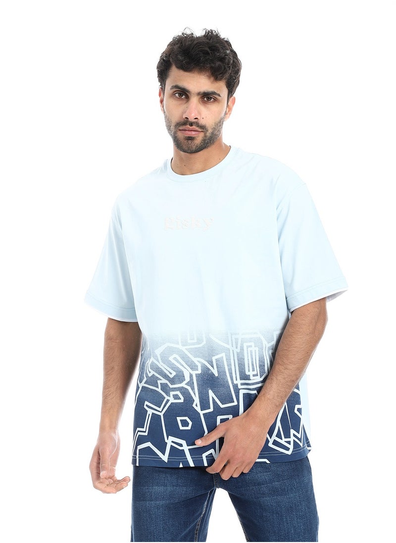 بافون Prominent Print and Self Pattern Comfy T-Shirt - Shades of Blue  - Image 1