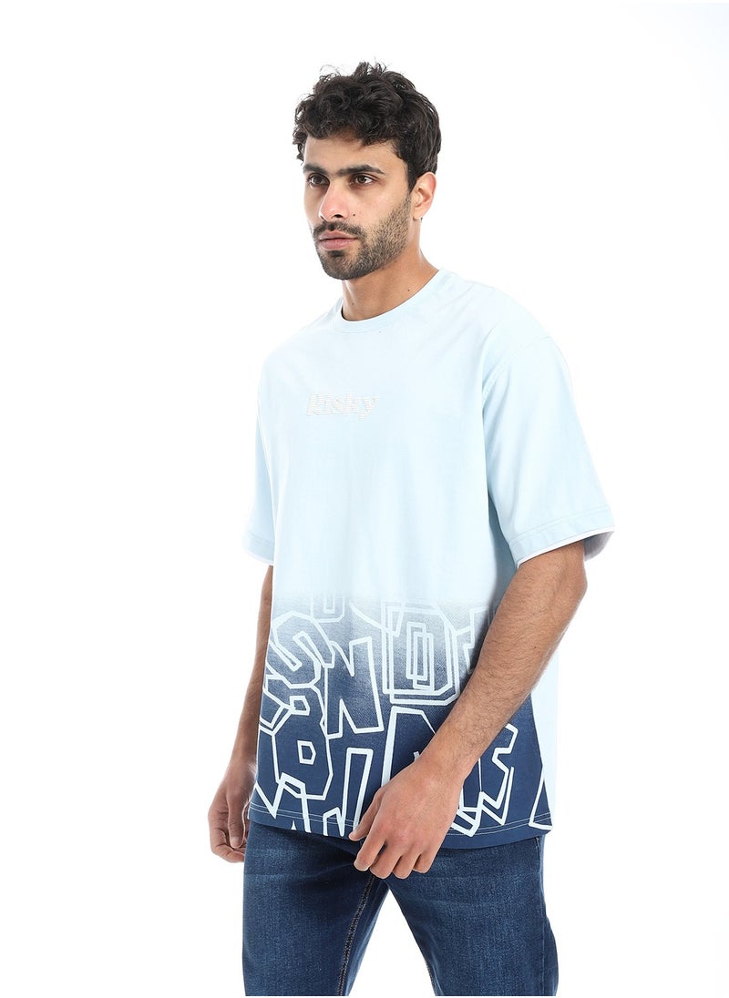 بافون Prominent Print and Self Pattern Comfy T-Shirt - Shades of Blue  - Image 2