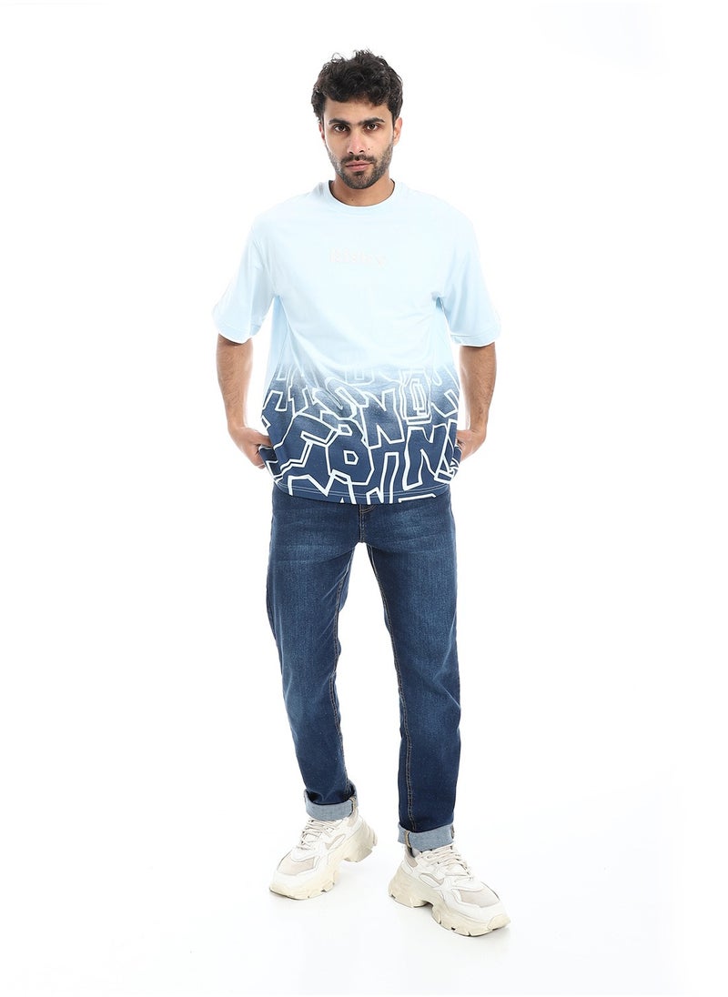 بافون Prominent Print and Self Pattern Comfy T-Shirt - Shades of Blue  - Image 5