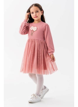 Miniğimin Cicileri My Little Ones Flower Embroidered Tulle Beige Girl's Dress - Pink 