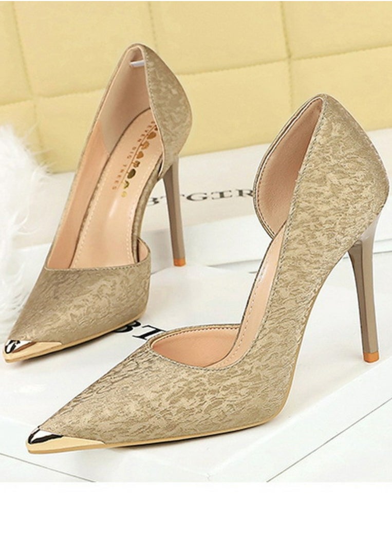 BIGTREE Women's Metal Closed Pointed Toe Party Stiletto Pumps Satin Daily High Heels 10.5CM Champagne  - Image 1