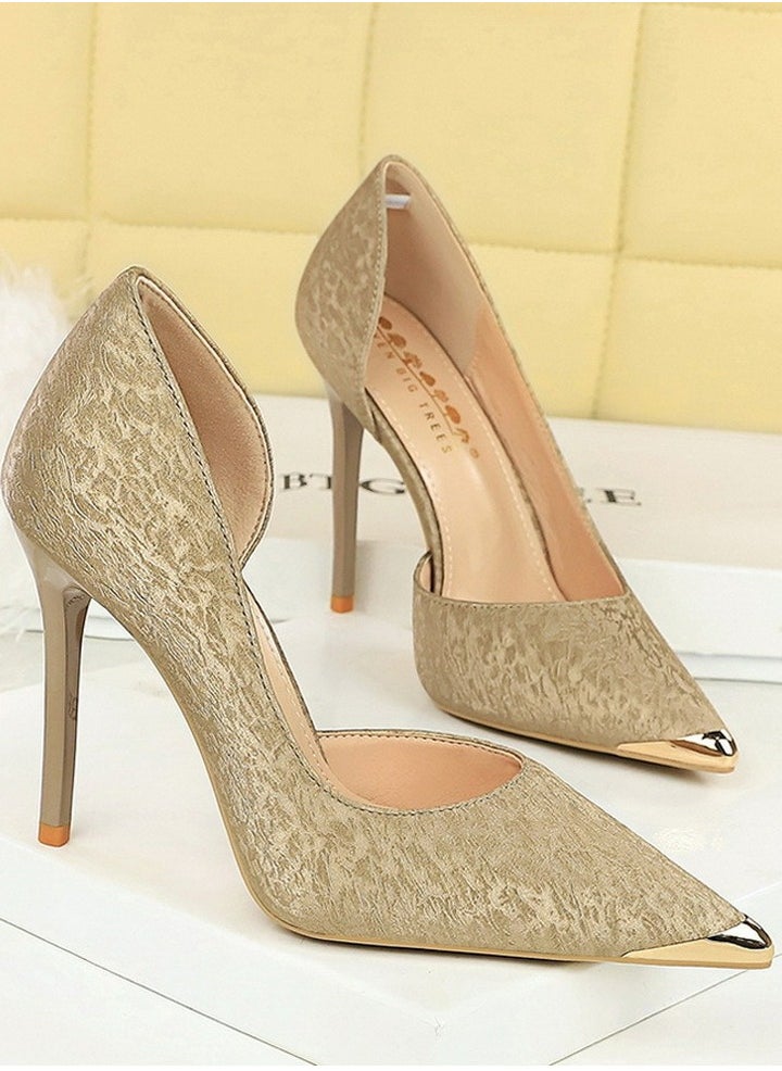 BIGTREE Women's Metal Closed Pointed Toe Party Stiletto Pumps Satin Daily High Heels 10.5CM Champagne  - Image 2