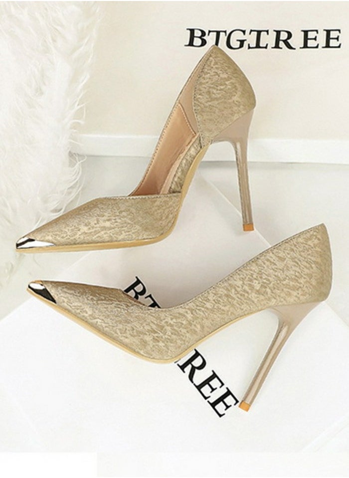 BIGTREE Women's Metal Closed Pointed Toe Party Stiletto Pumps Satin Daily High Heels 10.5CM Champagne  - Image 3