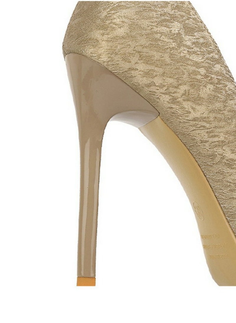 BIGTREE Women's Metal Closed Pointed Toe Party Stiletto Pumps Satin Daily High Heels 10.5CM Champagne  - Image 5