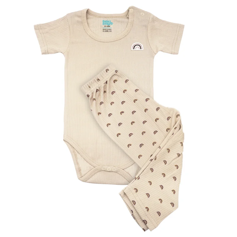 Babies Basic Babies Basic Ribbed Cotton Printed Short Sleeves T-shirt / Romper and Pyjama Set, Beige