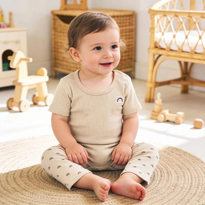 Babies Basic Babies Basic Ribbed Cotton Printed Short Sleeves T-shirt / Romper and Pyjama Set, Beige