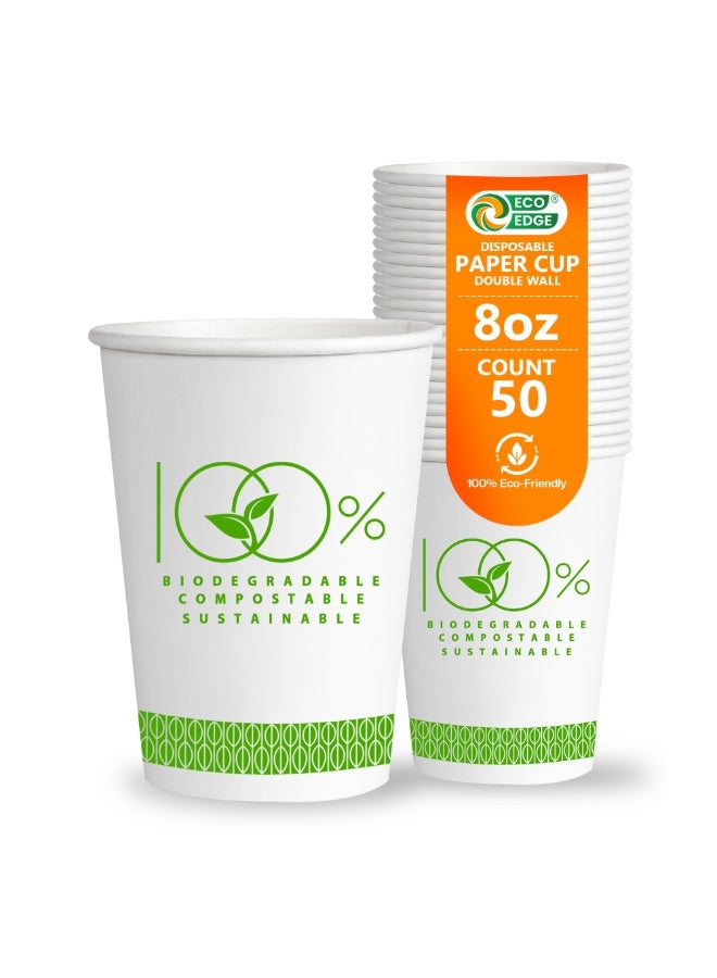 EcoEdge 8 Oz Disposable Double Wall Heavy-Duty Party Paper Cups (Pack of 50) | Fancy, Sustainable, Recyclable, BPA and Plastic Free | For Hot or Iced Beverages, Everyday Use | 100% Biodegradable - Image 1