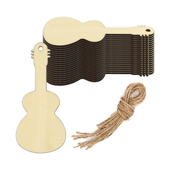 Guitar Wood DIY Craft Cutout Wooden Guitar Shaped Hanging Ornaments with Hole Hemp Ropes Wood Tags for Wedding Birthday Christmas Party Decoration 177x394 in 20Pack