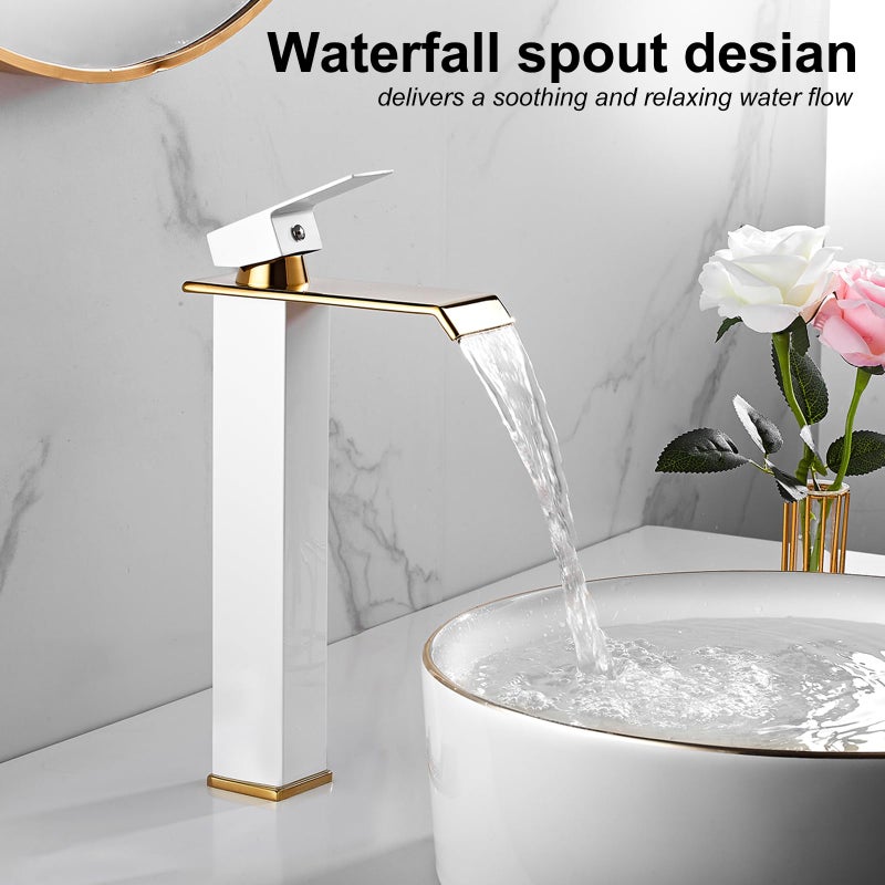 Chiczam White Gold Faucet Bathroom Vessel Sink Golden Waterfall Spout Faucet Single Handle Bowl Sink Faucet Modern Single Hole Basin Vanity Tall Bathroom Sink Faucet with Pop Up Drain Stopper Supply Hose - Image 4