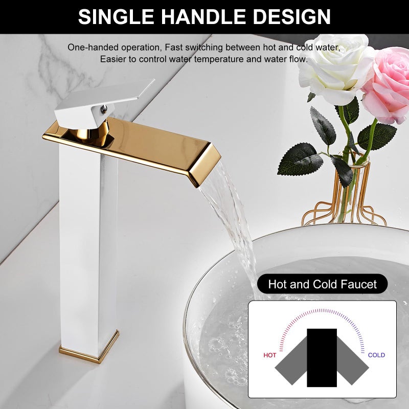 Chiczam White Gold Faucet Bathroom Vessel Sink Golden Waterfall Spout Faucet Single Handle Bowl Sink Faucet Modern Single Hole Basin Vanity Tall Bathroom Sink Faucet with Pop Up Drain Stopper Supply Hose - Image 3