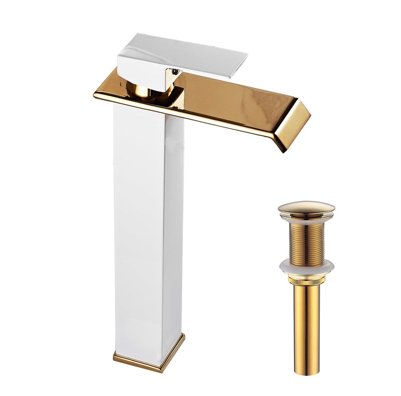 Chiczam White Gold Faucet Bathroom Vessel Sink Golden Waterfall Spout Faucet Single Handle Bowl Sink Faucet Modern Single Hole Basin Vanity Tall Bathroom Sink Faucet with Pop Up Drain Stopper Supply Hose - Image 1