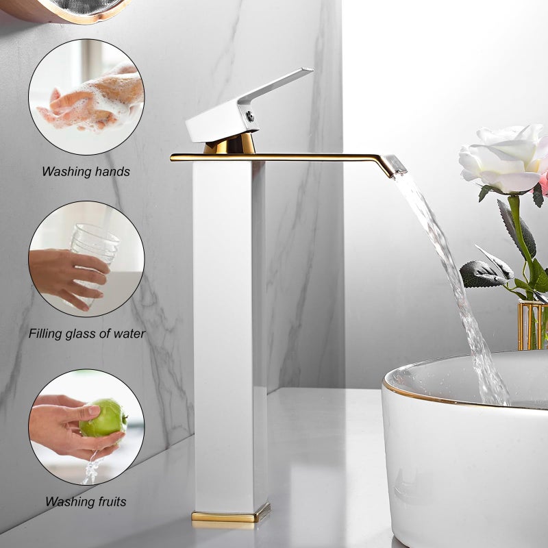 Chiczam White Gold Faucet Bathroom Vessel Sink Golden Waterfall Spout Faucet Single Handle Bowl Sink Faucet Modern Single Hole Basin Vanity Tall Bathroom Sink Faucet with Pop Up Drain Stopper Supply Hose - Image 5