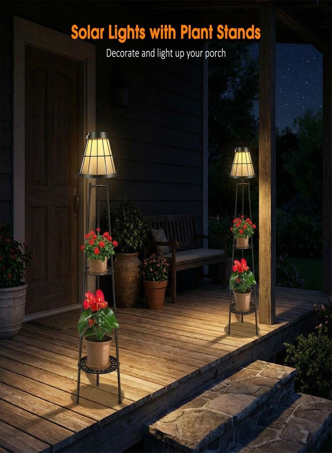VISFLAIR 45.4'' Solar Floor Lamps with 2 Tier Plant Stand, 2 Pack Waterproof Metal Solar Powered Outdoor Lights Flower Shelf for Patio Deck Yard Garden Porch Decor - Image 4