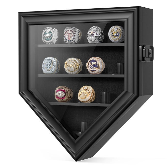 CHAMPIONSHIP RING DISPLAY CASE 12 POSTS BASEBALL RING HOLDER LOCKABLE WALL MOUNT WOODEN SHADOW BOX FOR MULTIPLE CHAMPIONSHIP RINGS
