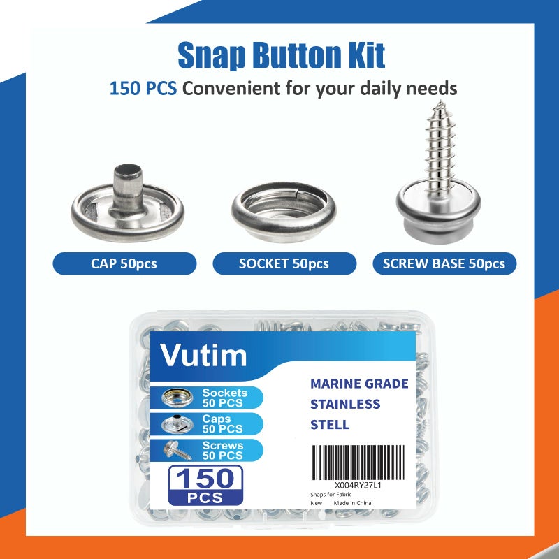 Vutim 150 PCS Canvas Snap Fastener Tool Set, Vutim Marine-Grade 3/8" Stainless Steel Snaps, Metal Snap Fastener Kit, Leather Repair Kit for Boats, Canvas, Leather Goods, Tents, and Awnings - Image 3