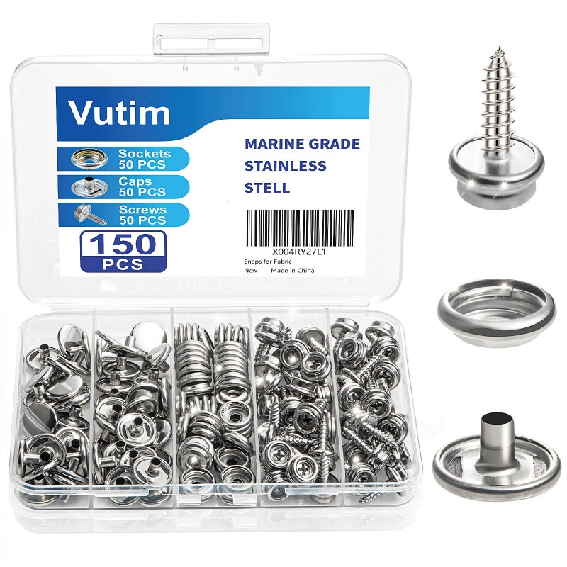 Vutim 150 PCS Canvas Snap Fastener Tool Set, Vutim Marine-Grade 3/8" Stainless Steel Snaps, Metal Snap Fastener Kit, Leather Repair Kit for Boats, Canvas, Leather Goods, Tents, and Awnings - Image 1