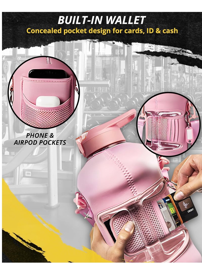 ريجيد فيتنس - RIGID FITNESS Gym زجاجة وإبريق ترطيب - زجاجة ماء كبيرة مع قش ، غلاف تخزين للهاتف - زجاجة رياضية صحية وخالية من مادة BPA للتمرين والمشي لمسافات طويلة والاستخدام اليومي - 2.2 لتر/74 أونصة (وردي) - Image 1