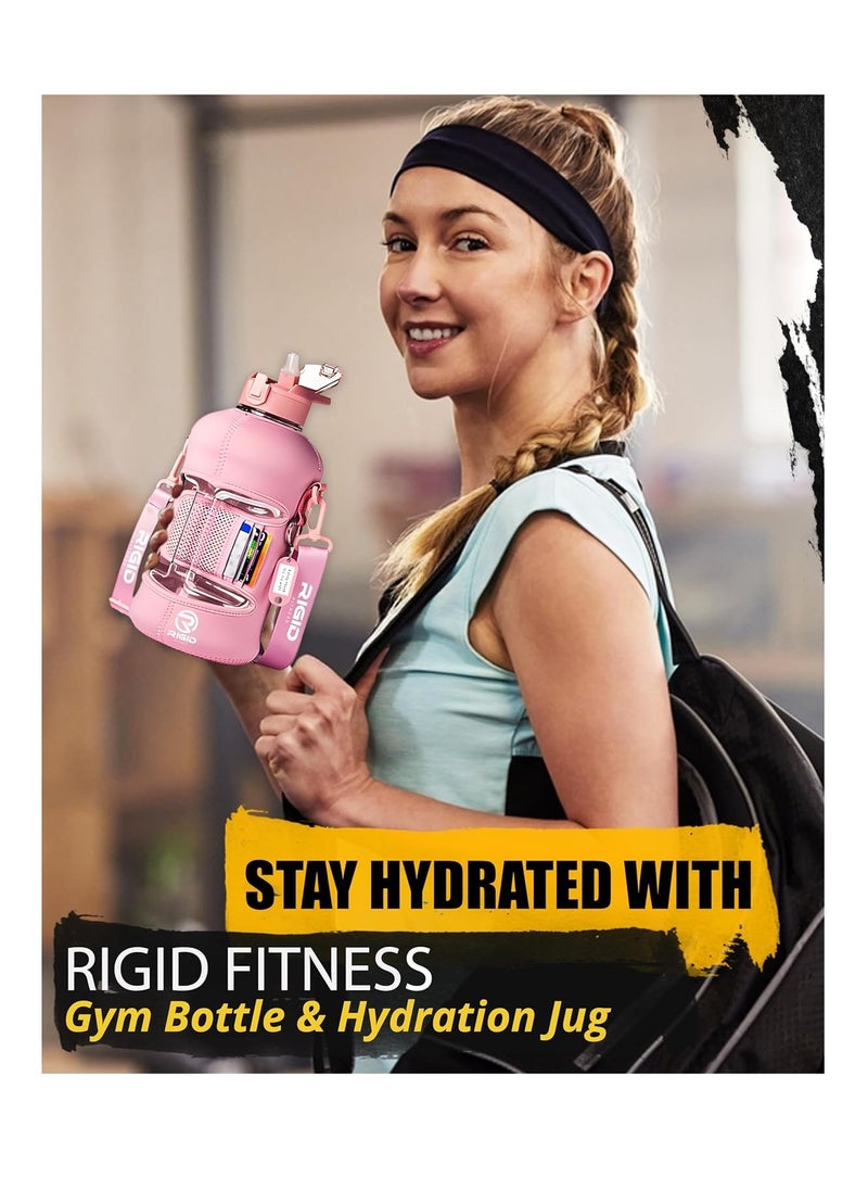 ريجيد فيتنس - RIGID FITNESS Gym زجاجة وإبريق ترطيب - زجاجة ماء كبيرة مع قش ، غلاف تخزين للهاتف - زجاجة رياضية صحية وخالية من مادة BPA للتمرين والمشي لمسافات طويلة والاستخدام اليومي - 2.2 لتر/74 أونصة (وردي) - Image 1