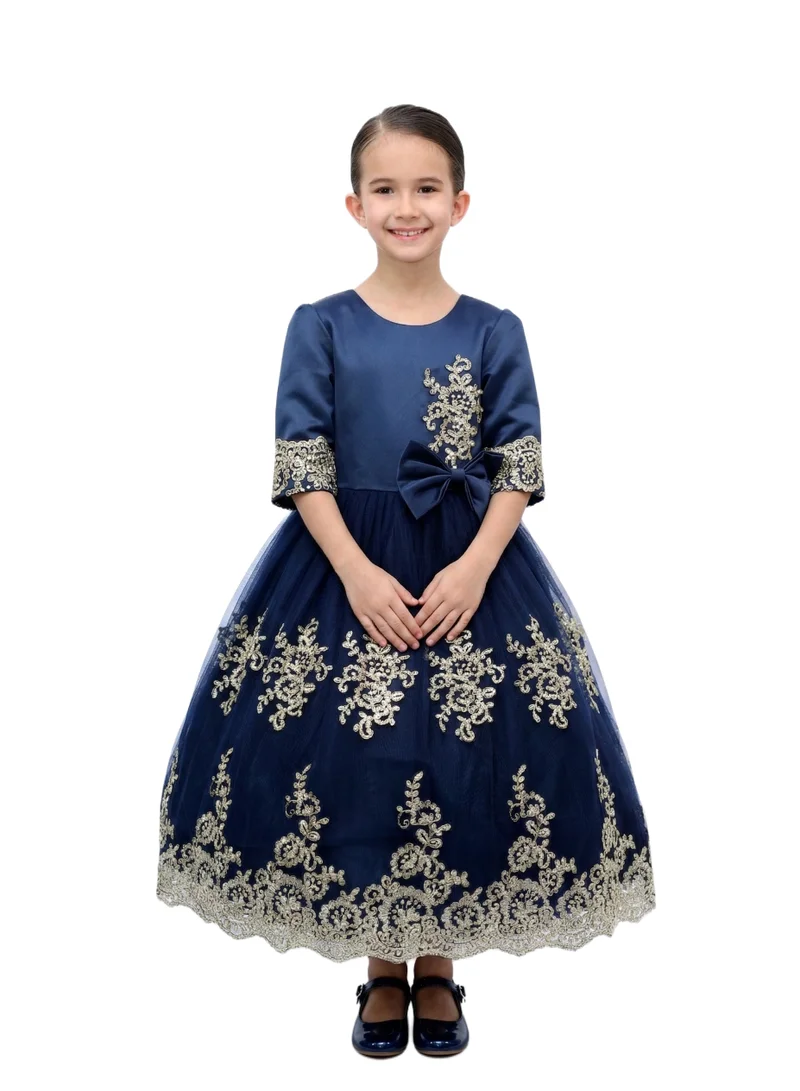 بيداني Gold Lace Appliqué & Navy Blue Satin Bodice Dress with Bow