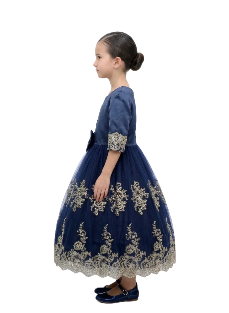 بيداني Gold Lace Appliqué & Navy Blue Satin Bodice Dress with Bow