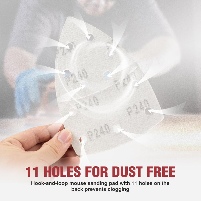 S SATC 50 PCS Mouse Sander Sandpaper 11 Holes 240 Grit Detail Sander Sandpaper Palm Sander Paper Hook and Loop Sander Pads Triangular Sanding Sheets - Image 4