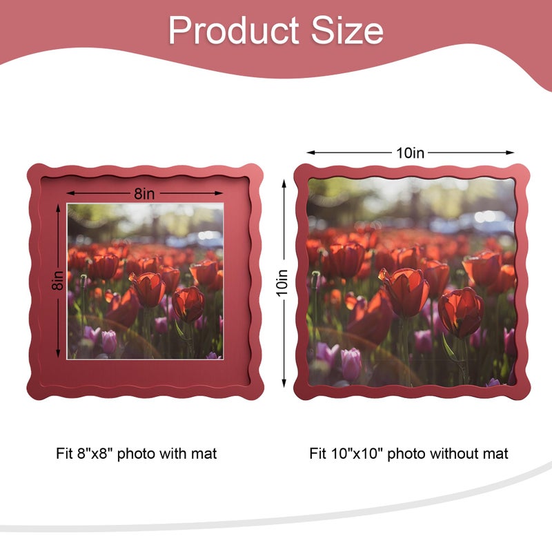 ثكرلوف إطار صور THKRLOF مقاس 10x10 بوصة مع حافة داخلية لإطار صور مقاس 8x8 بوصة، إطار خشبي ذو حواف مموجة وزجاج حقيقي، مناسب لوضعه على الطاولة أو تعليقه على الحائط، لون أحمر، عبوة واحدة - Image 3