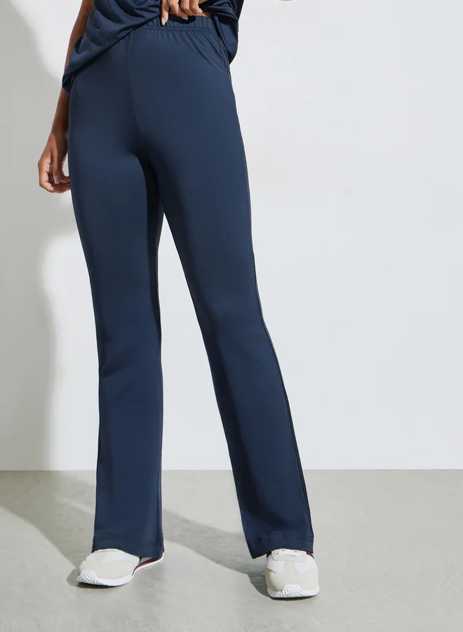Styli  Dark Blue Double-Layer Collar T-Shirt and Mid Waist Flared Leggings Set for Women | Best Price UAE