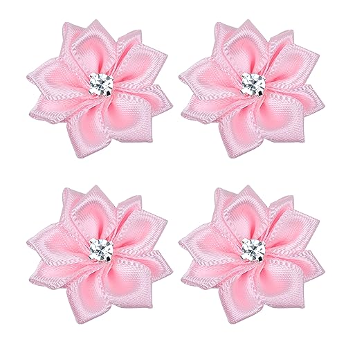YAKA 60pcs Pink Satin Ribbon Flowers Bows Rose w/Rhinestone Appliques Craft Wedding Ornament 1.1inch - Image 1