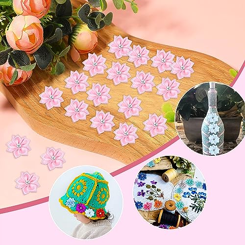 YAKA 60pcs Pink Satin Ribbon Flowers Bows Rose w/Rhinestone Appliques Craft Wedding Ornament 1.1inch - Image 4