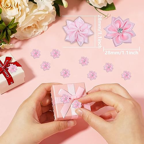 YAKA 60pcs Pink Satin Ribbon Flowers Bows Rose w/Rhinestone Appliques Craft Wedding Ornament 1.1inch - Image 2