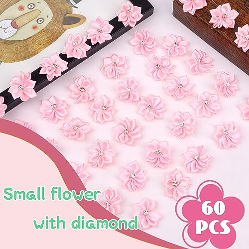 YAKA 60pcs Pink Satin Ribbon Flowers Bows Rose w/Rhinestone Appliques Craft Wedding Ornament 1.1inch - Image 3