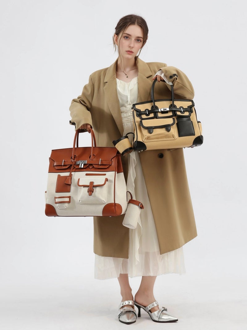 2025 Season New Contrast Canvas Colorblock Portable Extra Large Platinum Bag Casual Travel Bag Shoulder Crossbody Women'S Bag - Image 4