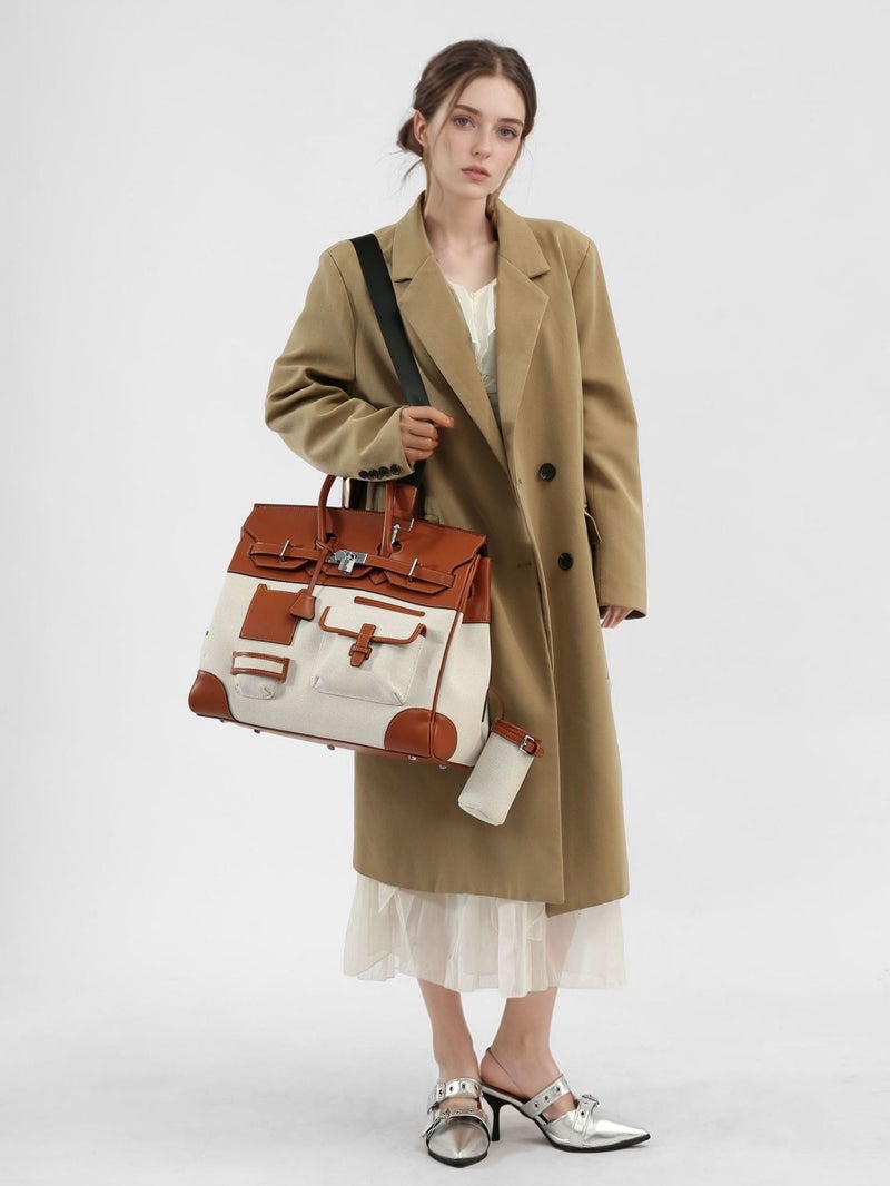 2025 Season New Contrast Canvas Colorblock Portable Extra Large Platinum Bag Casual Travel Bag Shoulder Crossbody Women'S Bag - Image 5