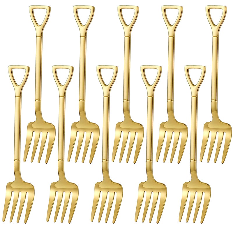 Comicfs 10 Pcs 47 Inches Gold Shovel Shape Fruit Forks Stainless Steel Mini Salad Forks Set Party Supplies