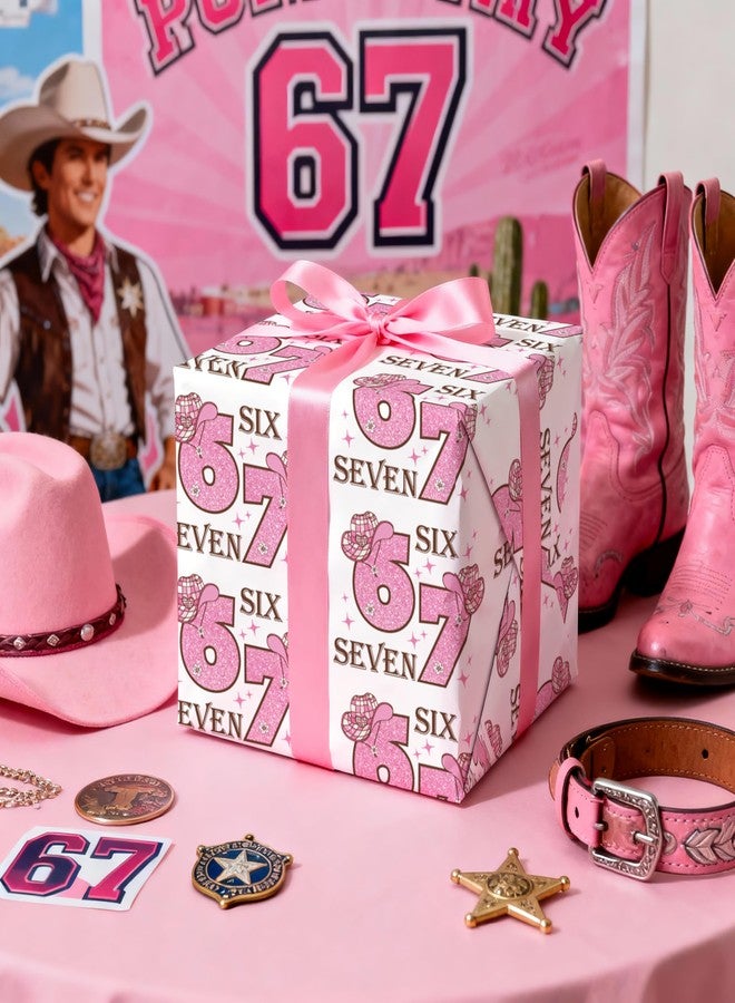 LeZakaa لفة ورق تغليف هدايا LeZakaa 67 بتصميم قبعة راعية بقر وردية اللون، مزينة بشعار "Six Seven" اللامع، مثالية لأعياد الميلاد، عيد الحب، الحفلات، للفتيات والمراهقات، لفة صغيرة 17 بوصة × 16.4 قدم - Image 3