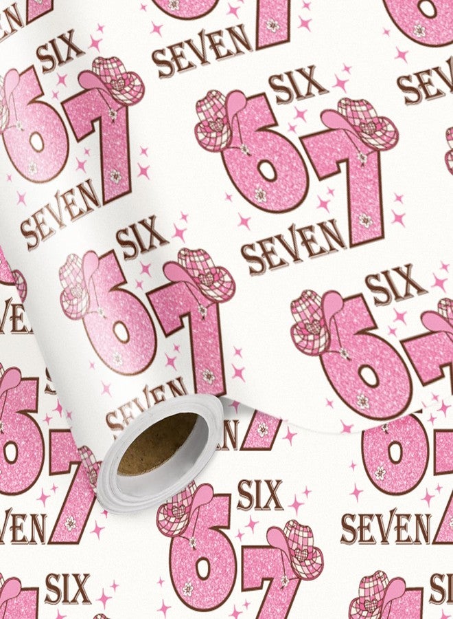 LeZakaa لفة ورق تغليف هدايا LeZakaa 67 بتصميم قبعة راعية بقر وردية اللون، مزينة بشعار "Six Seven" اللامع، مثالية لأعياد الميلاد، عيد الحب، الحفلات، للفتيات والمراهقات، لفة صغيرة 17 بوصة × 16.4 قدم - Image 1