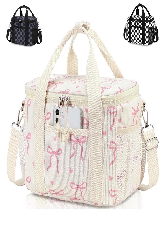 LOIDOU Lunch Box for Women Men Insulated Corduroy Lunch Bag Cooler Leakproof Reusable Adult Lunchbox Adjustable Strap lunch tote for Work Office Beach Picnic (Beige Bow) - Image 1