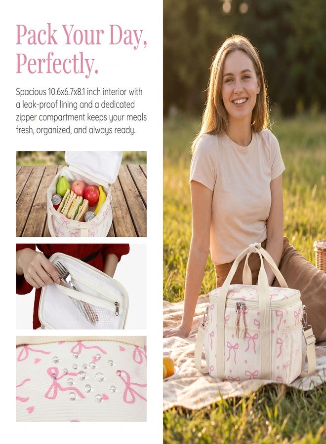 LOIDOU Lunch Box for Women Men Insulated Corduroy Lunch Bag Cooler Leakproof Reusable Adult Lunchbox Adjustable Strap lunch tote for Work Office Beach Picnic (Beige Bow) - Image 2