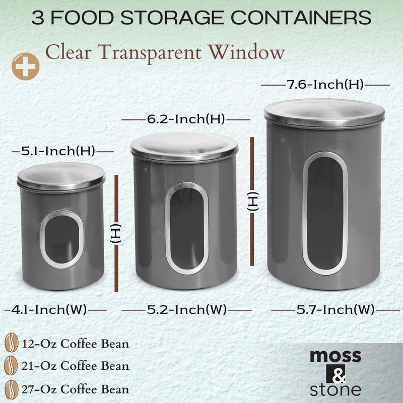 Moss & Stone 3 Piece Gray Canisters Sets For The Kitchen  Kitchen Jars With See Through Window  Airtight Coffee Container  Tea Organizer & Sugar Canister  Kitchen Canisters Set of 3  Grey - Image 2