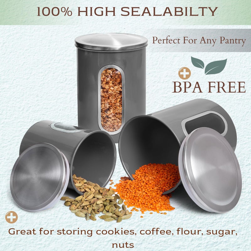 Moss & Stone 3 Piece Gray Canisters Sets For The Kitchen  Kitchen Jars With See Through Window  Airtight Coffee Container  Tea Organizer & Sugar Canister  Kitchen Canisters Set of 3  Grey - Image 4