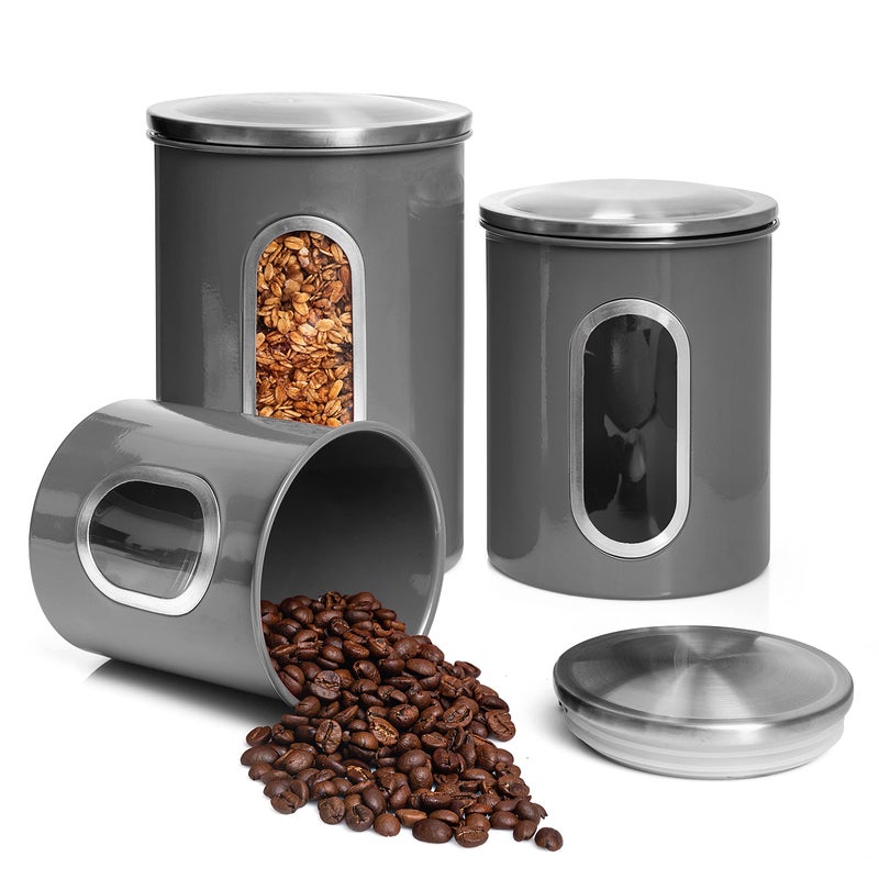 Moss & Stone 3 Piece Gray Canisters Sets For The Kitchen  Kitchen Jars With See Through Window  Airtight Coffee Container  Tea Organizer & Sugar Canister  Kitchen Canisters Set of 3  Grey - Image 1