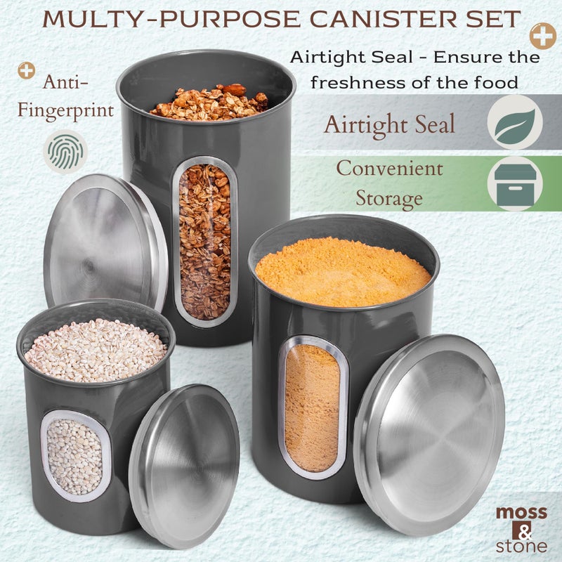 Moss & Stone 3 Piece Gray Canisters Sets For The Kitchen  Kitchen Jars With See Through Window  Airtight Coffee Container  Tea Organizer & Sugar Canister  Kitchen Canisters Set of 3  Grey - Image 3