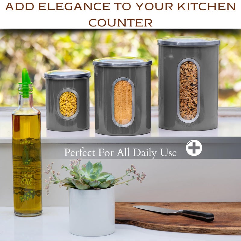 Moss & Stone 3 Piece Gray Canisters Sets For The Kitchen  Kitchen Jars With See Through Window  Airtight Coffee Container  Tea Organizer & Sugar Canister  Kitchen Canisters Set of 3  Grey - Image 5
