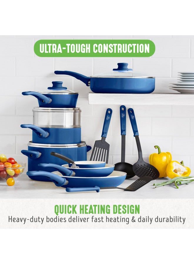 GreenLife Soft Grip Healthy Ceramic Nonstick 16 Piece Kitchen Cookware Pots And Frying Sauce Saute Set, PFAS-Free With Kitchen Utensils And Lid, Dishwasher Safe, Blue  - Image 2