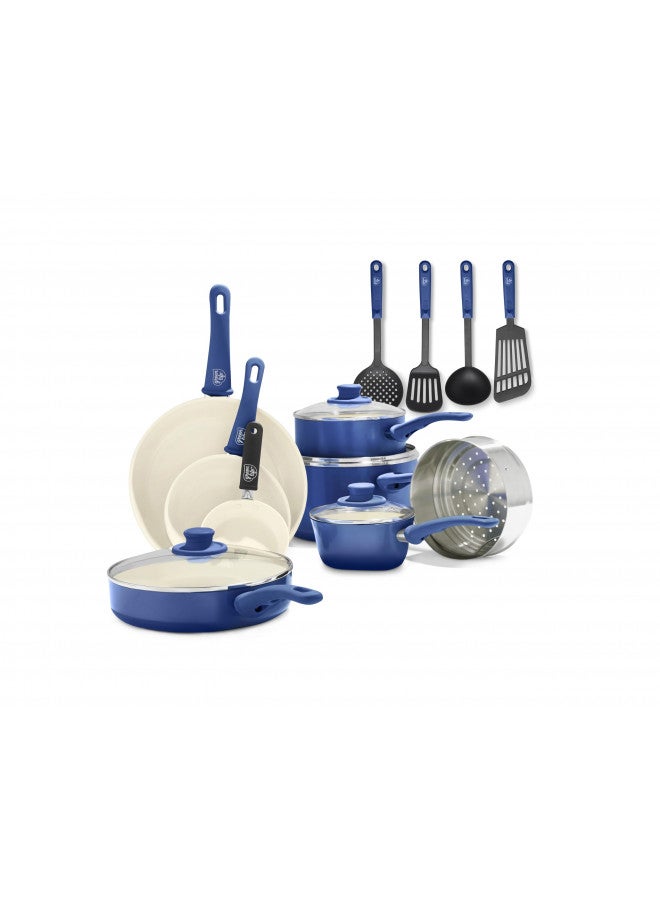 GreenLife Soft Grip Healthy Ceramic Nonstick 16 Piece Kitchen Cookware Pots And Frying Sauce Saute Set, PFAS-Free With Kitchen Utensils And Lid, Dishwasher Safe, Blue  - Image 1