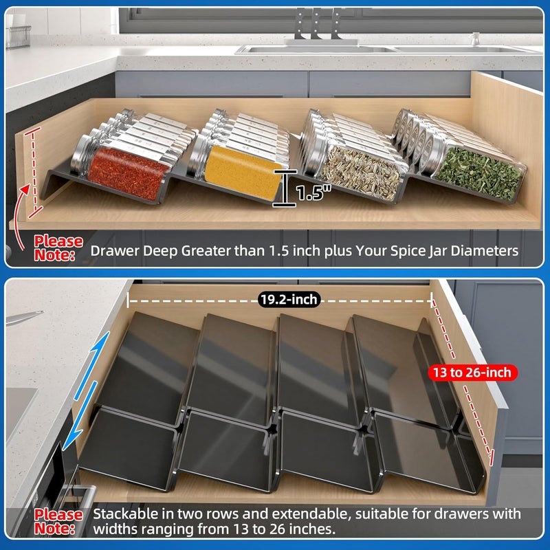 Mugath Adjustable Expandable Acrylic Spice Rack for Drawer 8 Tier Spice Drawer Organizer Spice Organizer for Drawer Seasoning Rack Drawer Organizer Black 8pcs - Image 5