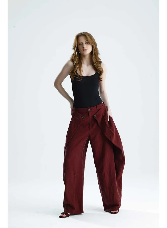 GACACOLLECTION ZENA Button-Detail Covered Design Burgundy Wide-Leg Pants